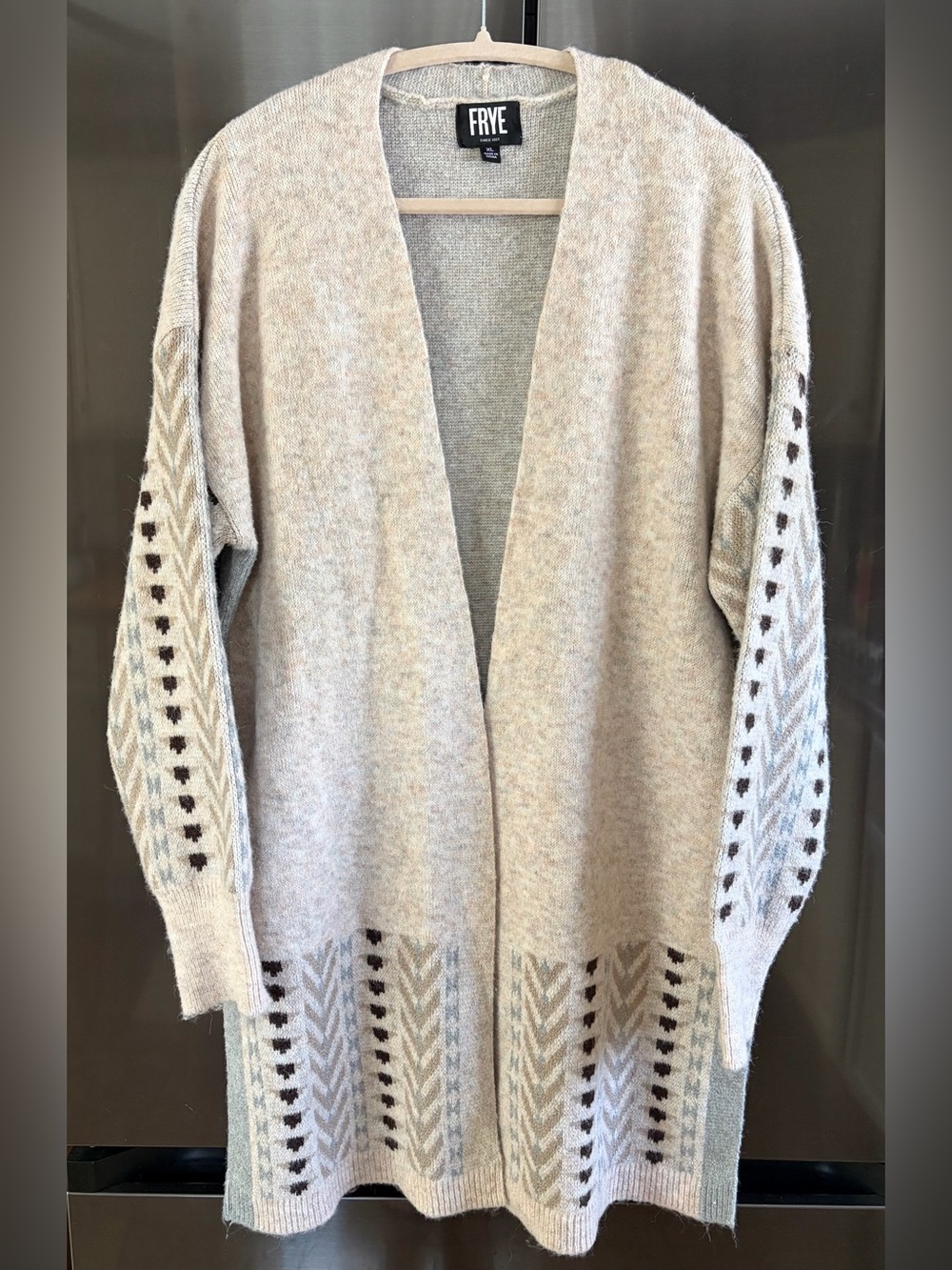 FRYE Oatmeal Open-Front Geo Pattern Trim Cozy Longline Cardigan XL Boho Layering
